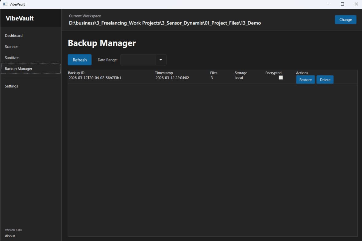 VibeVault desktop backups screenshot