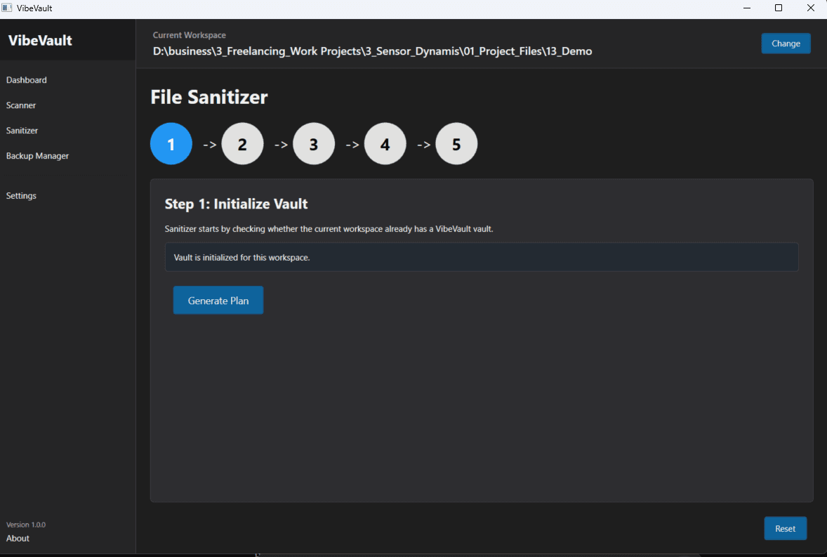 VibeVault desktop sanitizer screenshot