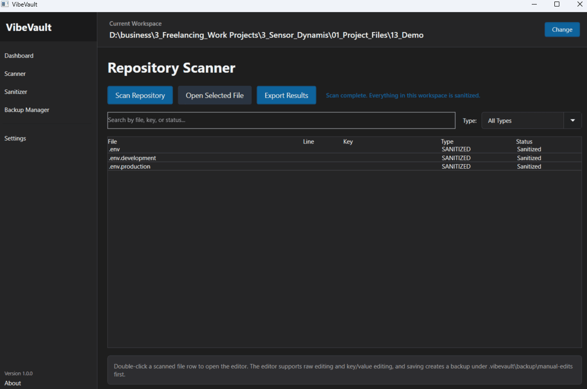 VibeVault desktop scanner screenshot