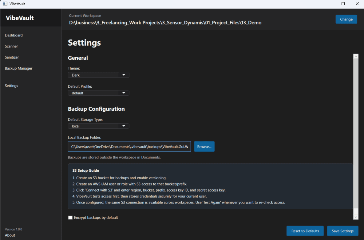 VibeVault desktop settings screenshot